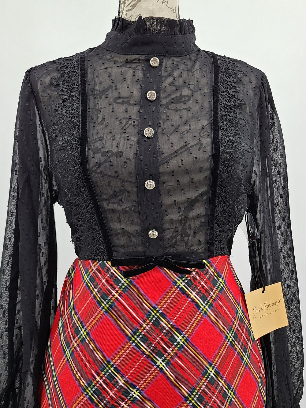 Unique Vintage's Smak Parlour Sheer Blouse Plaid Pencil Dress Size Small/4